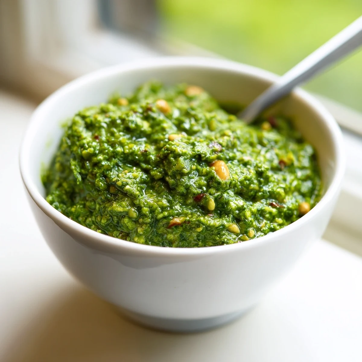 Creamy homemade Thai basil pesto in a rustic wooden bowl beside crusty bread slices