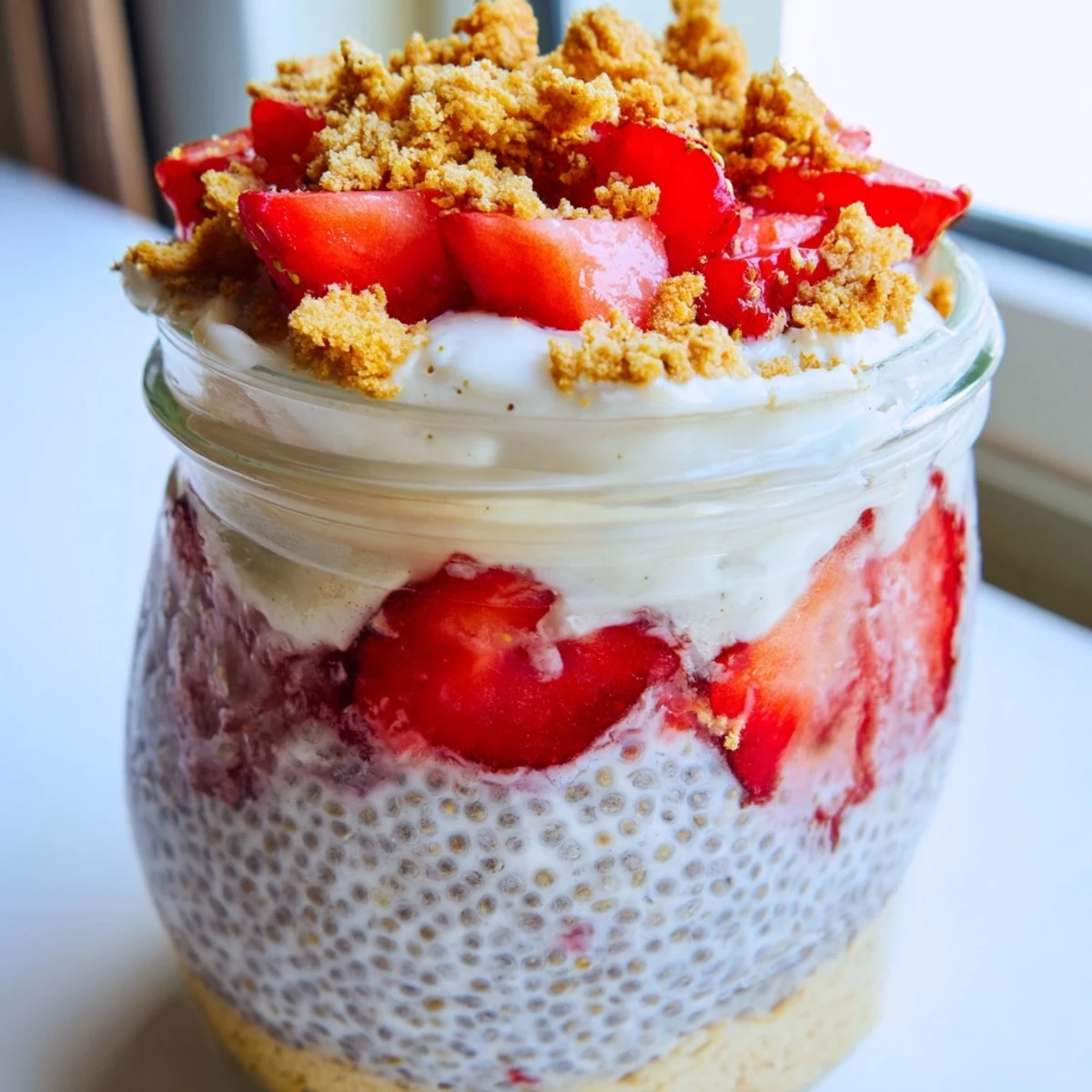 Parfait of vanilla chia pudding layered with tangy cheesecake filling and sweet strawberry compote