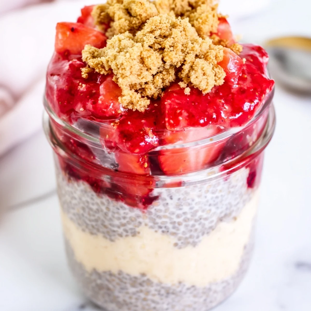 Glass jar layered with creamy strawberry cheesecake chia pudding topped with fresh berries and mint