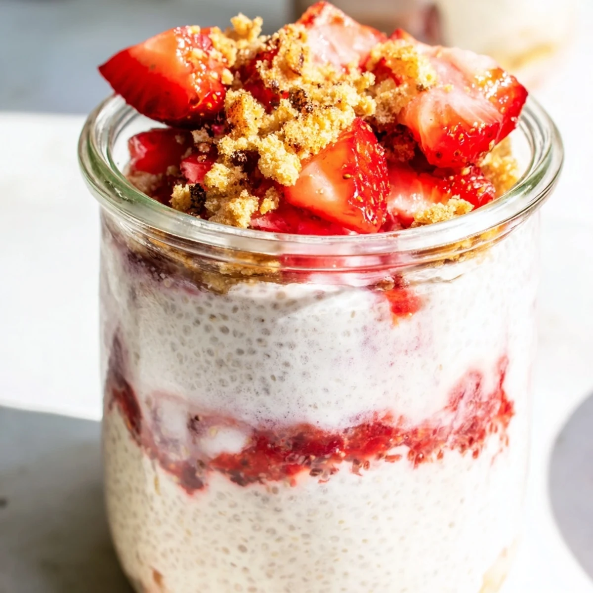 Healthy breakfast dessert featuring layered chia pudding, cream cheese filling, and macerated strawberries