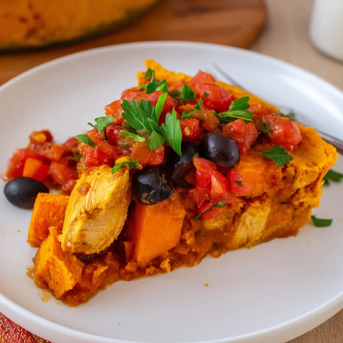 Golden sweet potato chicken pie topped with vibrant tomato olive salsa on a rustic wooden serving board