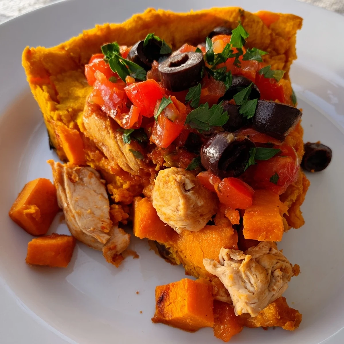 Savory Mediterranean-style chicken and sweet potato pie slices garnished with fresh tangy tomato olive relish