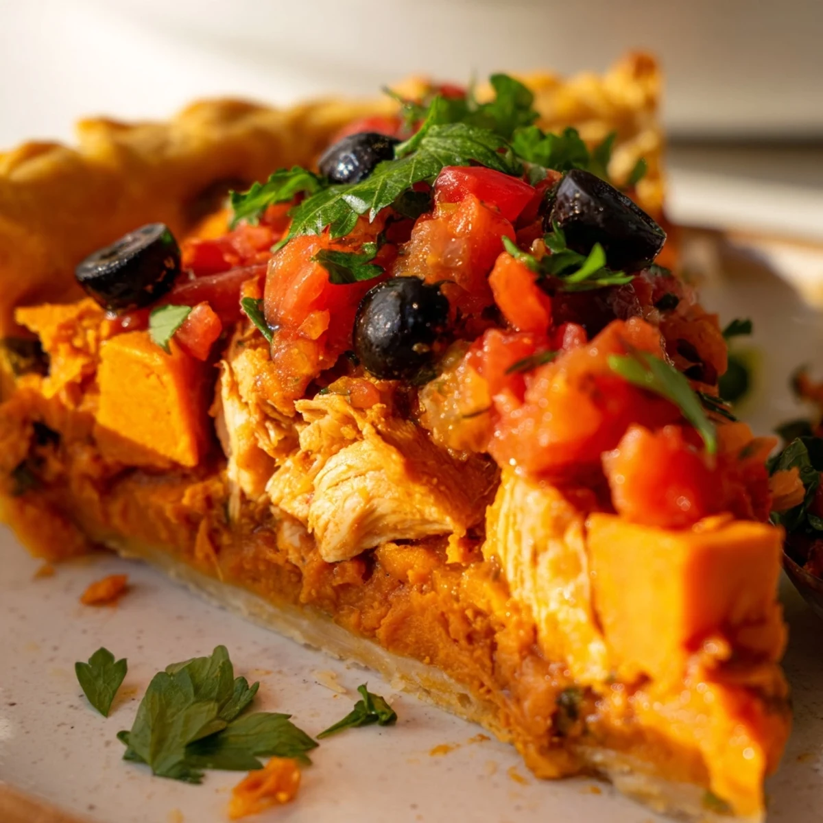 Warm chicken sweet potato pie with flaky crust served alongside colorful tomato olive salsa topping