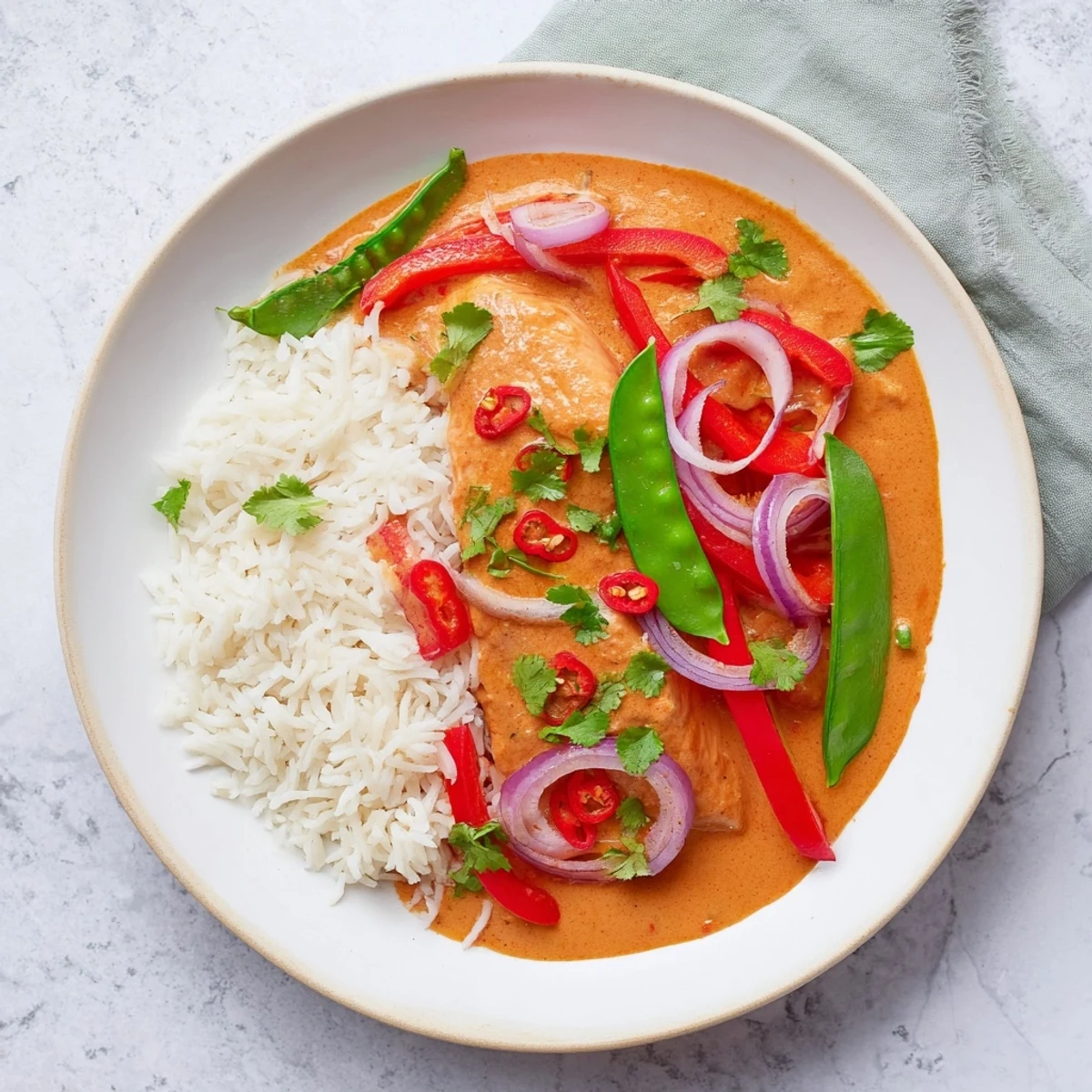 Golden pan-seared salmon fillets swimming in rich red curry coconut sauce with colorful bell peppers