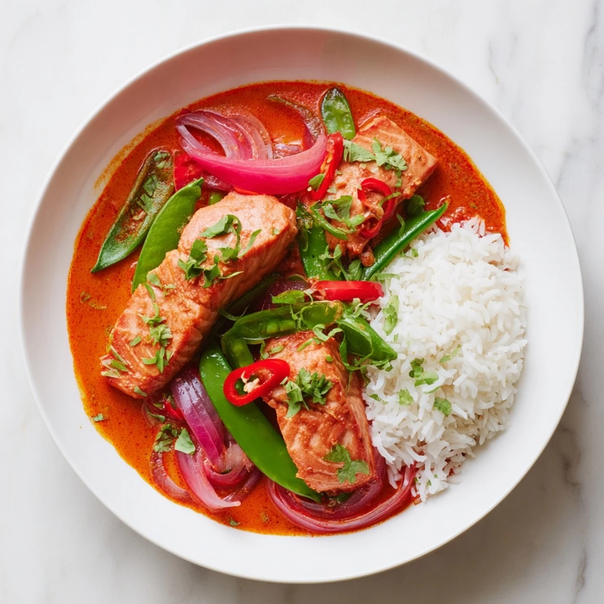 Flaky salmon pieces nestled in spicy red curry coconut milk served with snap peas and cilantro garnish