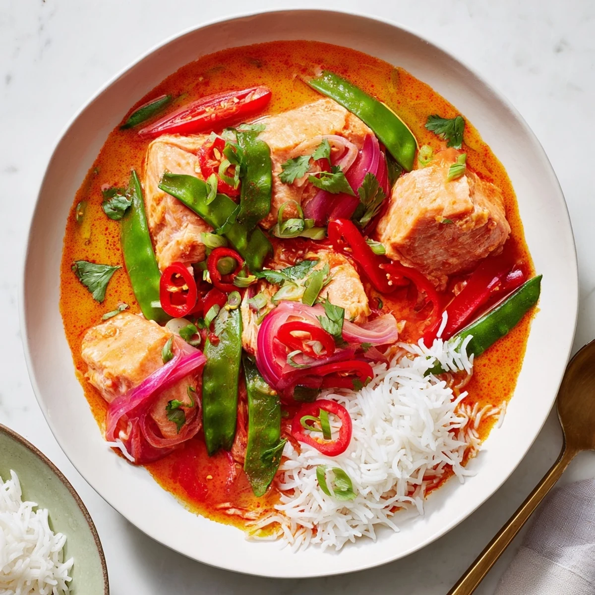 Creamy Thai-style salmon simmered in aromatic coconut red curry broth topped with fresh green coriander