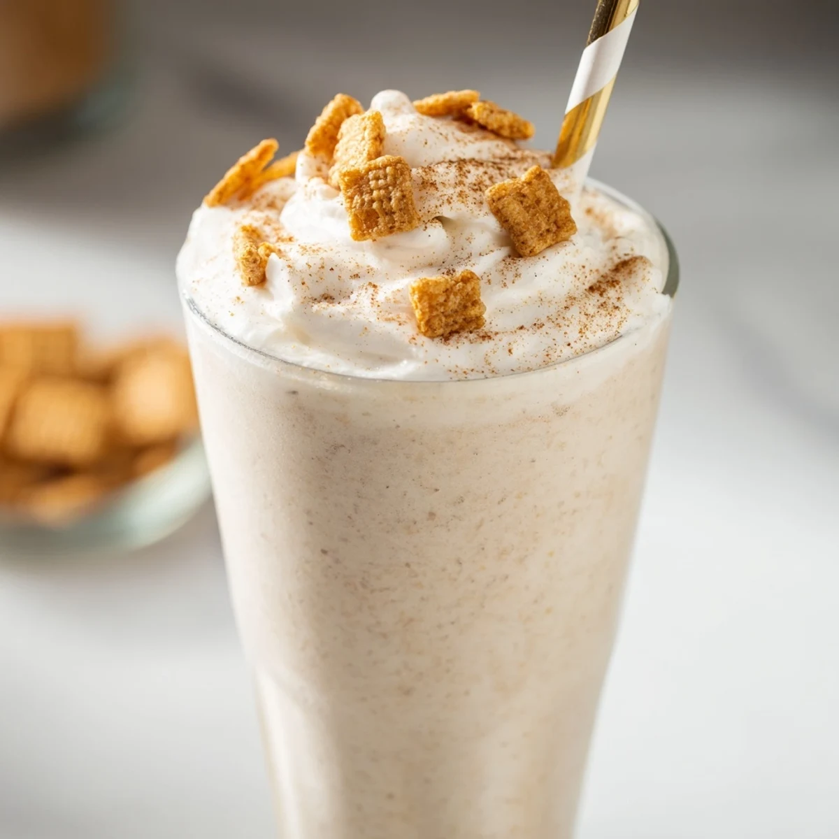 Frosty glass of Cinnamon Toast Crunch frappe topped with whipped cream and cereal