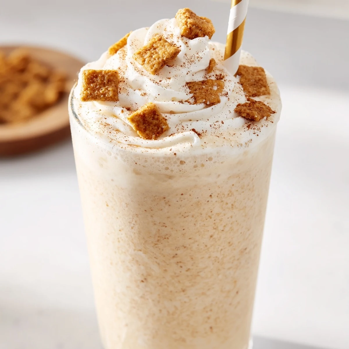 Creamy blended Cinnamon Toast Crunch frappe with coffee and cinnamon dusting on top