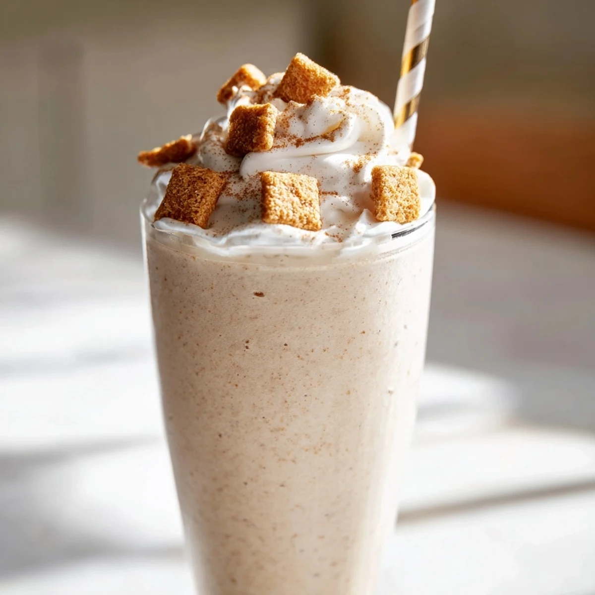 Tall Cinnamon Toast Crunch frappe garnished with cereal pieces and swirl of whipped cream