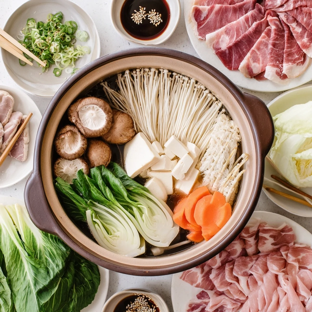 Golden Japanese Shabu Shabu Hot Pot featuring tender beef slices and fresh vegetables simmering in aromatic dashi broth