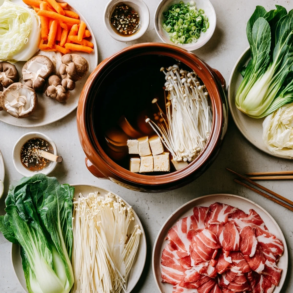 Tableside Japanese Shabu Shabu Hot Pot with colorful cabbage, carrots, mushrooms, and tofu ready for dipping