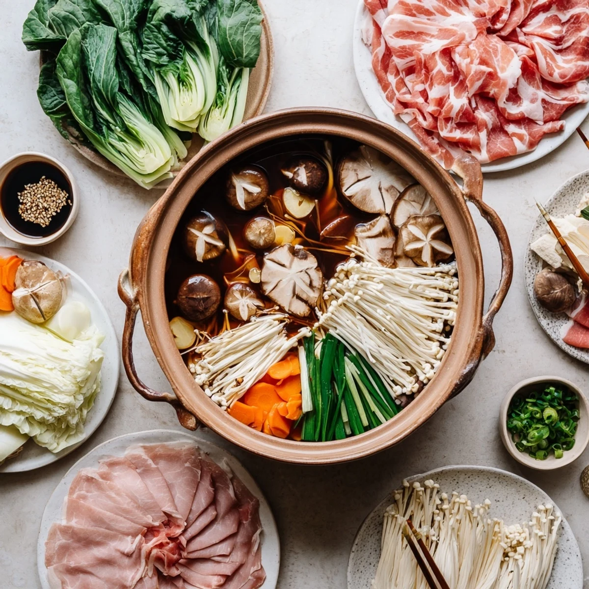Steaming Japanese Shabu Shabu Hot Pot filled with udon noodles, meat, and crisp vegetables in a communal pot