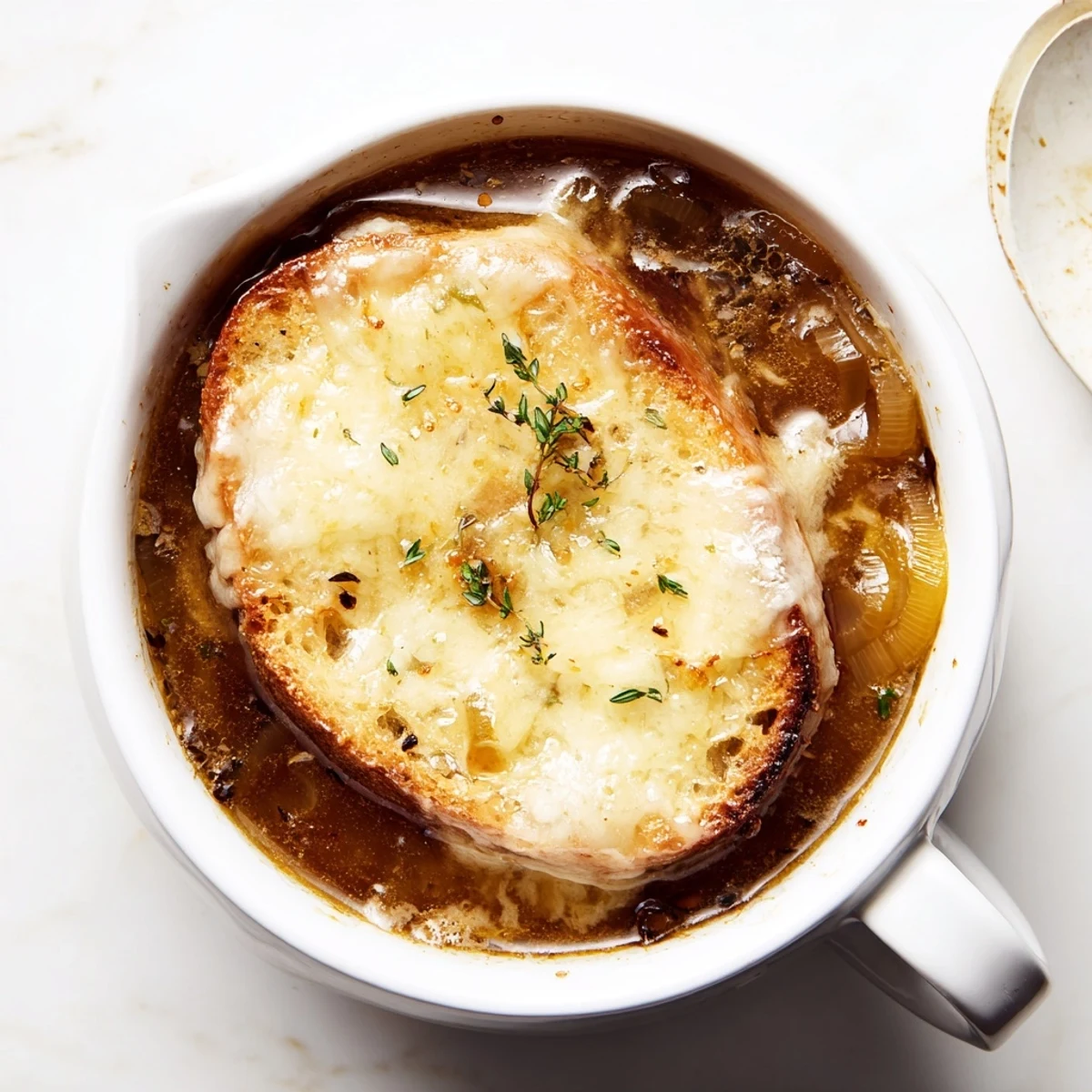 Golden caramelized onions swim in savory beef broth beneath melted Gruyère cheese and crispy baguette toasts in this slow cooker French onion soup