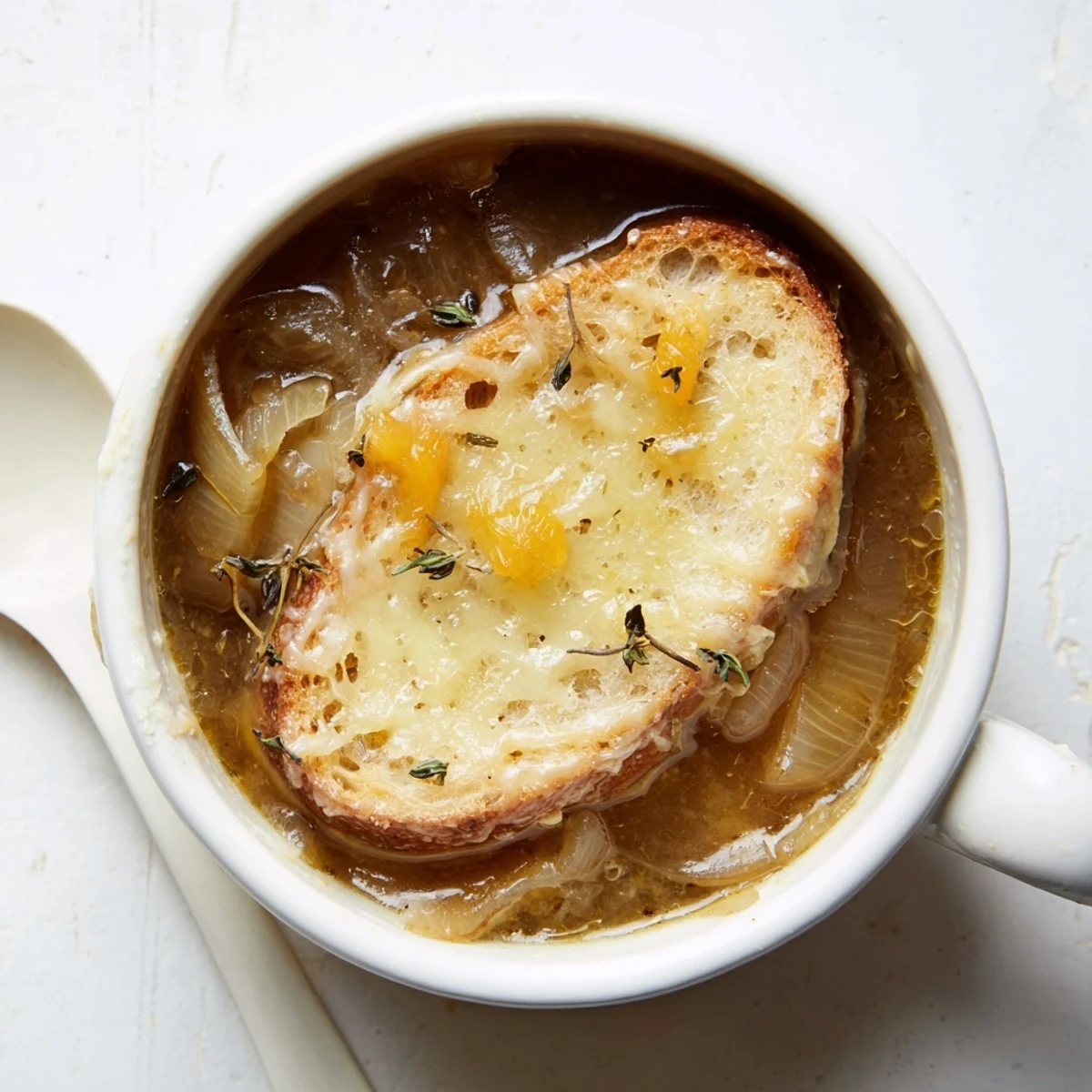 Rich slow cooker French onion soup features deeply browned onions, beef broth, and bubbly Gruyère-topped bread for a comforting winter meal