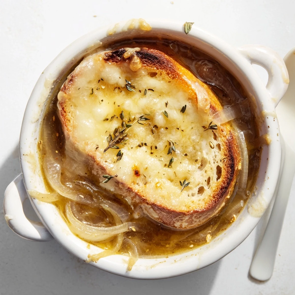 Oven-safe bowl of slow cooker French onion soup topped with golden melted Gruyère cheese and toasted baguette slices on rustic wooden table