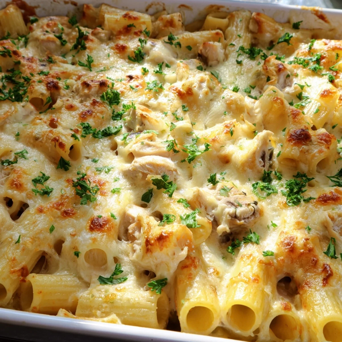 Creamy garlic chicken rigatoni pasta casserole served in a white baking dish with chopped parsley garnish