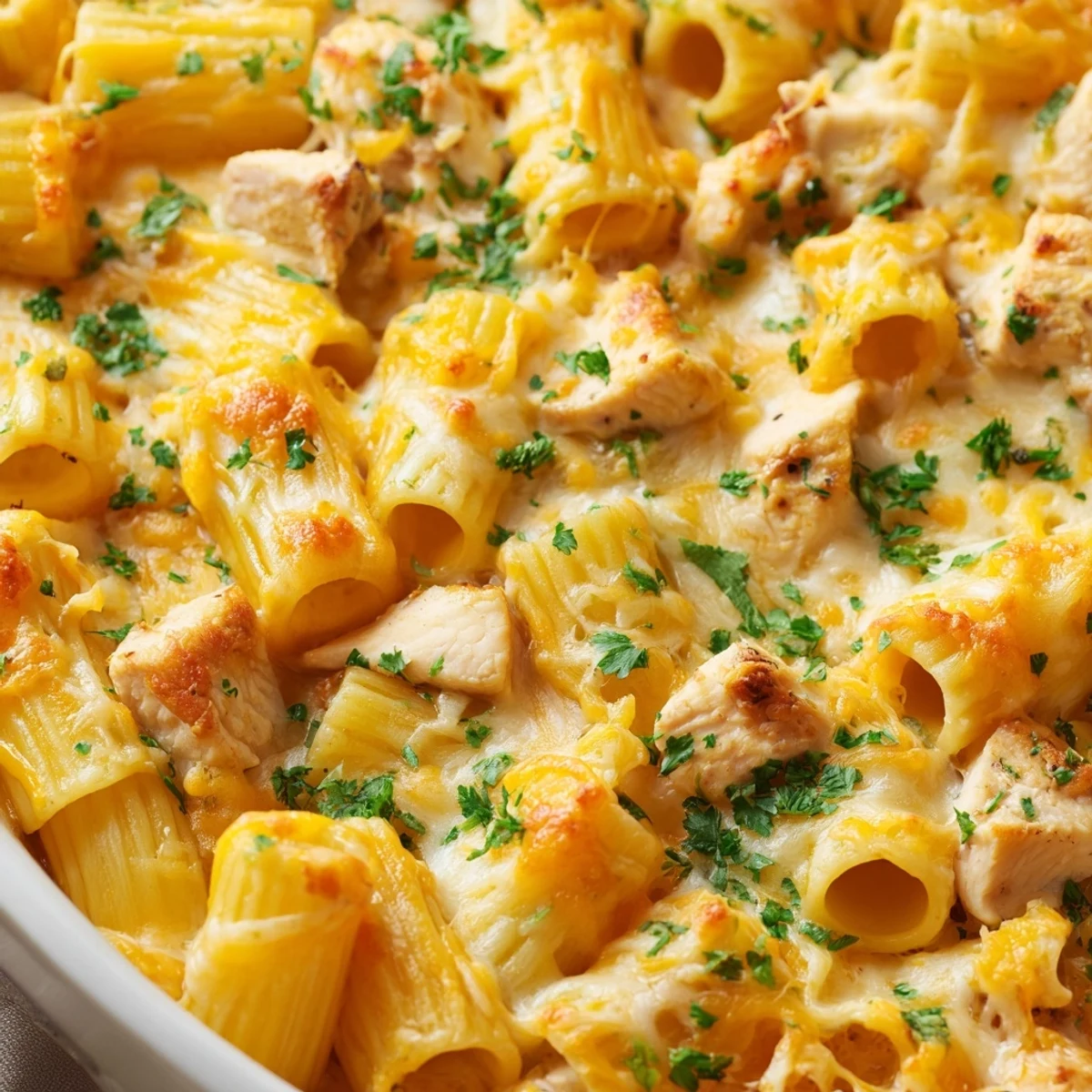 Golden bubbly cheesy garlic chicken rigatoni casserole fresh from the oven with melted mozzarella topping