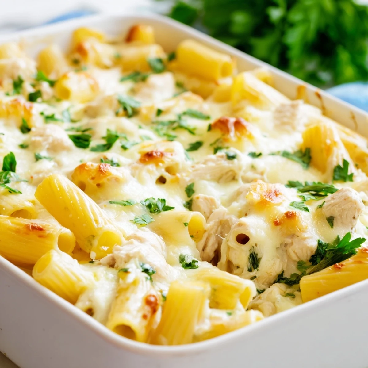 Hearty chicken rigatoni casserole loaded with three cheeses and garlic sauce baked to golden perfection