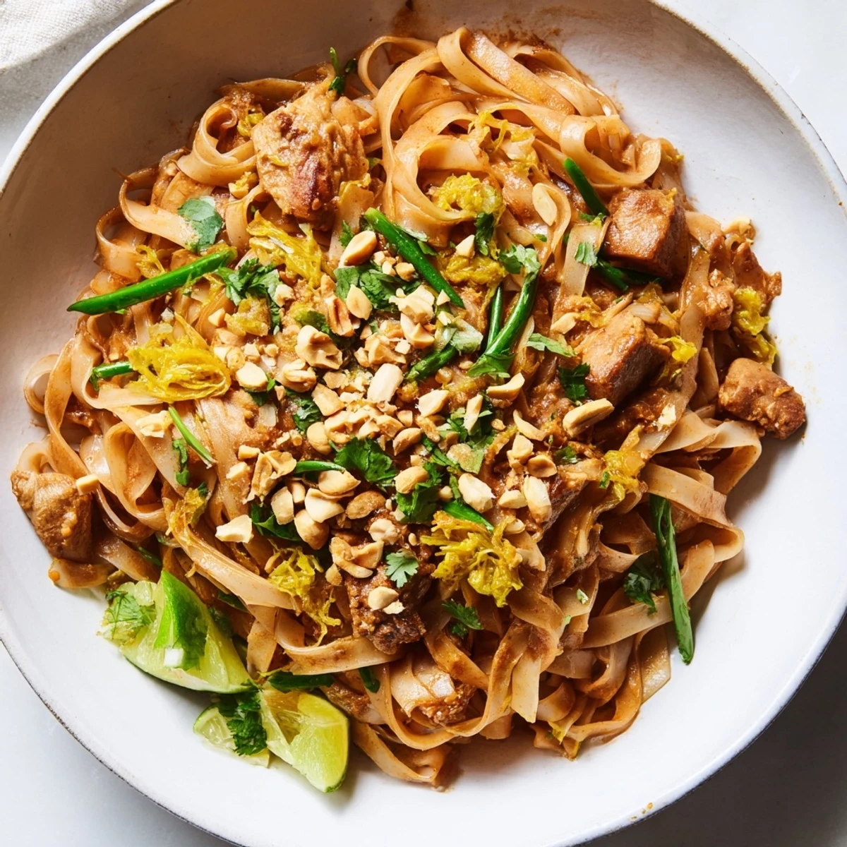 Golden Shan noodles topped with savory chicken tomato sauce and crunchy roasted peanuts