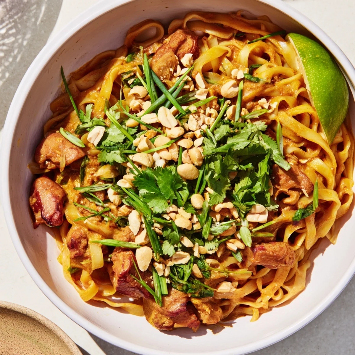 Comforting Shan noodles dish featuring rice noodles in aromatic spiced chicken sauce with lime wedges