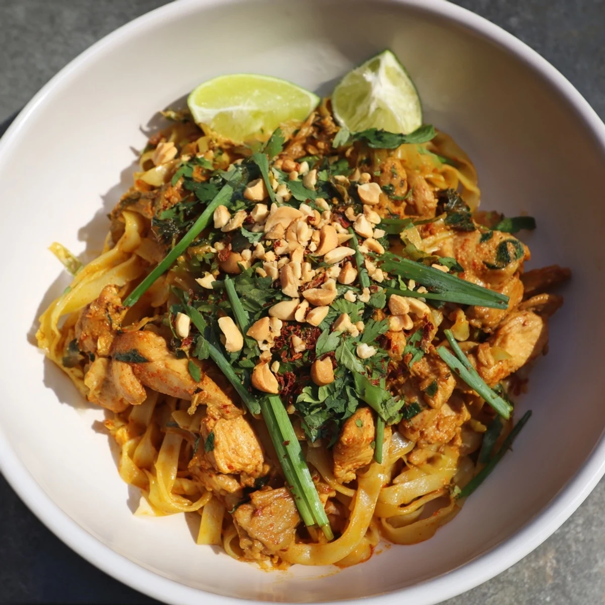 Bowl of Burmese Shan noodles with tender chicken and fresh pickled mustard greens