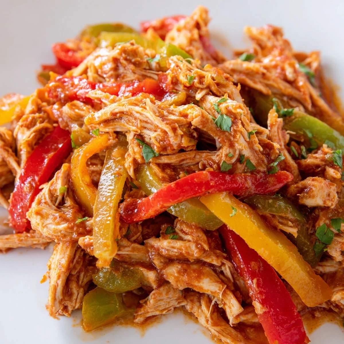 Tender slow cooker chicken fajitas loaded with sliced peppers ready for warm tortilla servings