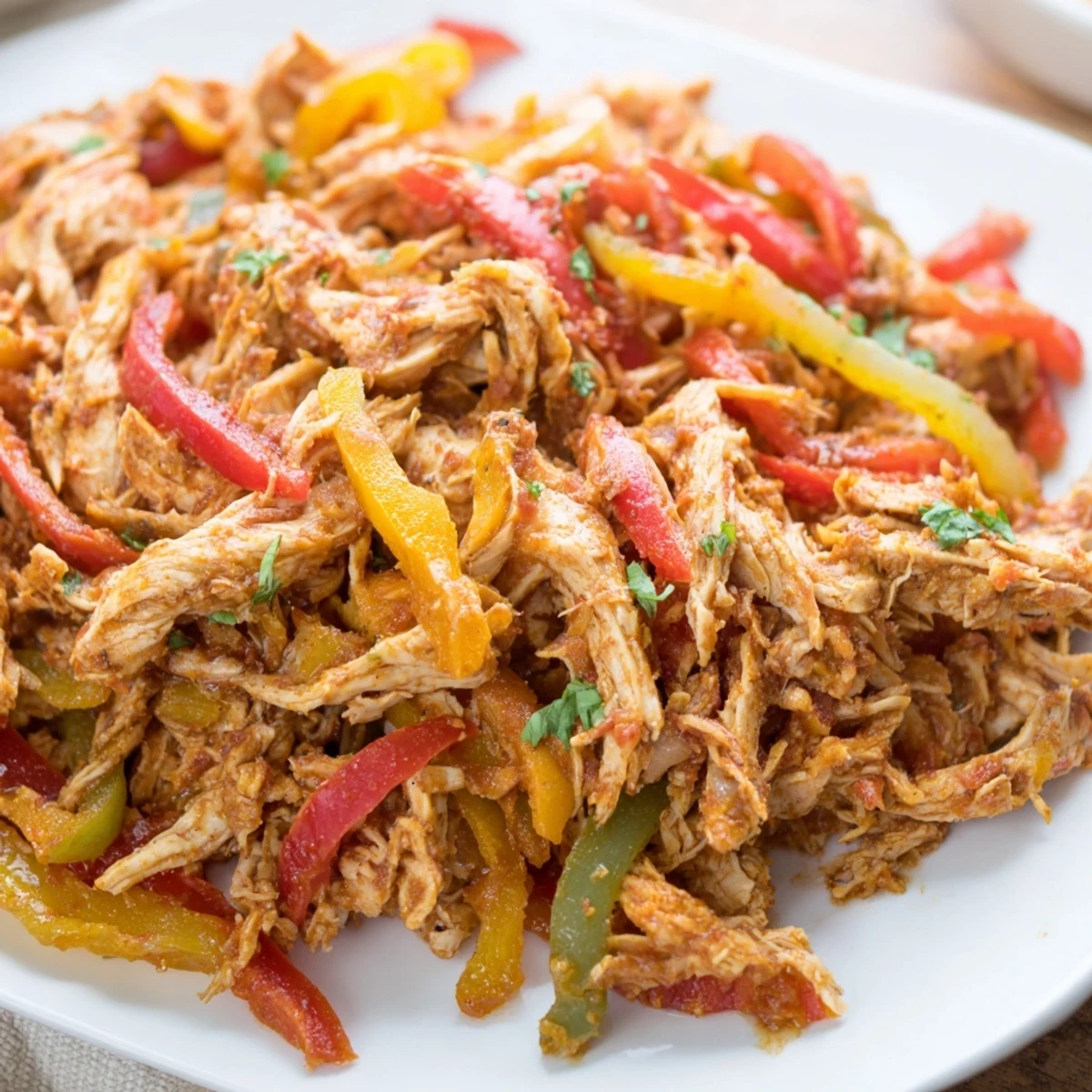 Colorful easy Crockpot chicken fajitas with vibrant bell peppers and onions in a slow cooker