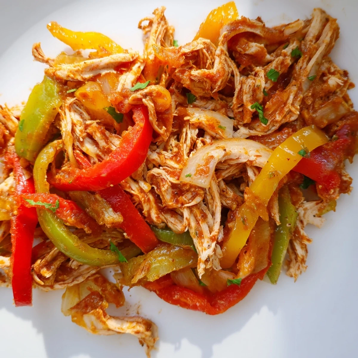 Delicious easy Crockpot chicken fajitas with shredded meat and colorful vegetables in a rustic bowl
