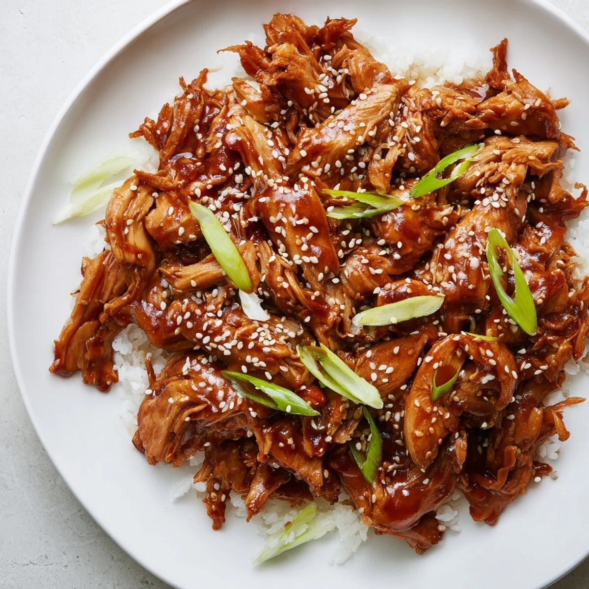 Golden Crockpot Teriyaki Chicken glazed in thick sweet savory sauce with sesame seeds