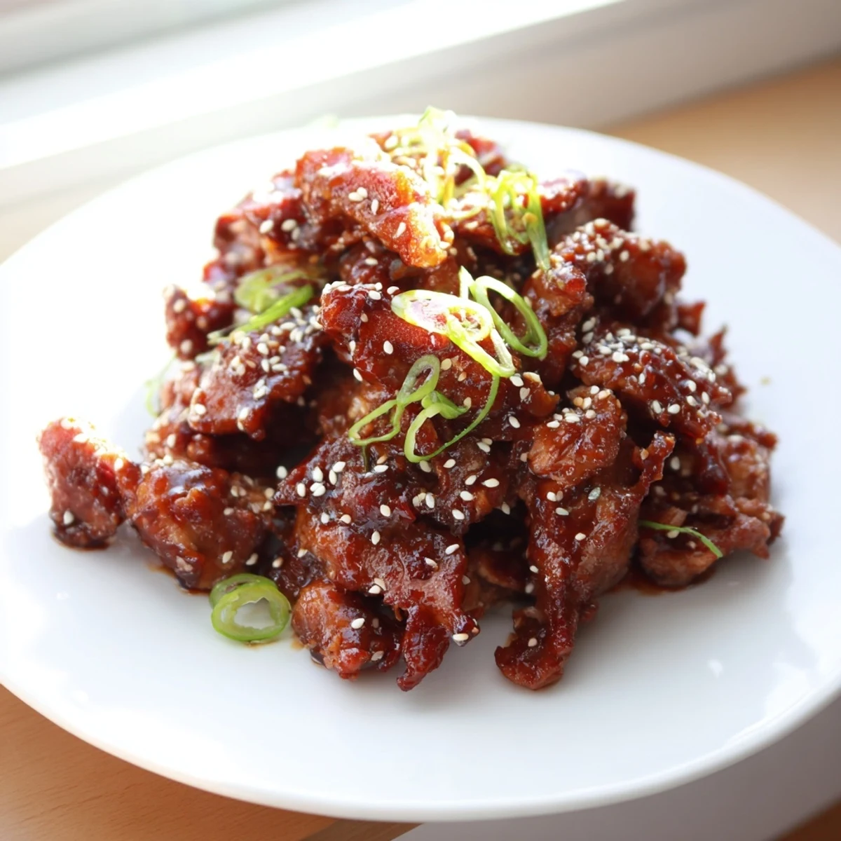 Tender shredded chicken slow-cooked in homemade teriyaki sauce garnished with fresh green onions