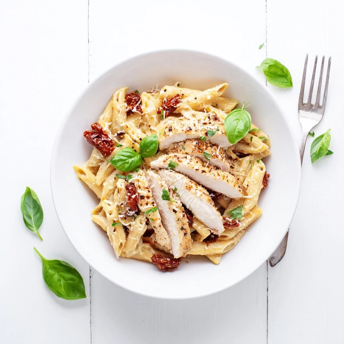 Creamy Marry Me Chicken Pasta tossed with sun-dried tomatoes and golden sliced chicken breast