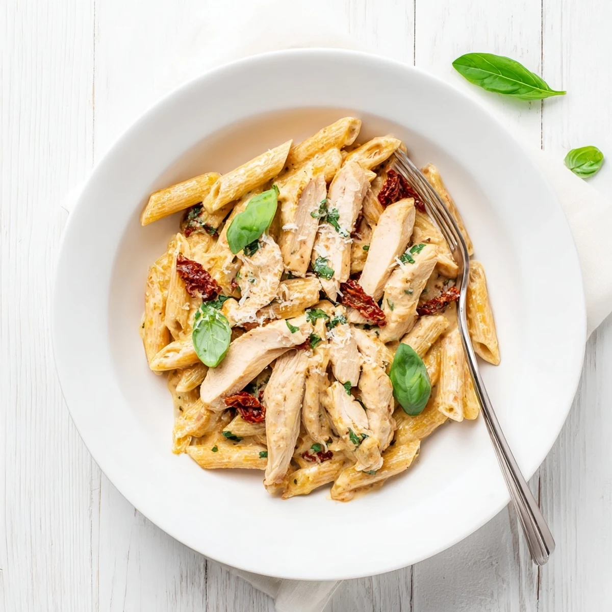 Rich and cheesy Marry Me Chicken Pasta plated with fresh basil garnish on white ceramic