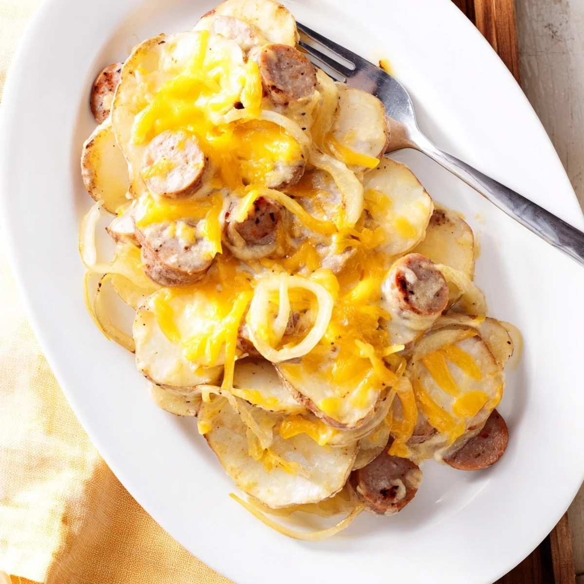 Hearty slow cooker scalloped potatoes kielbasa featuring layered sliced potatoes and smoky sausage rounds