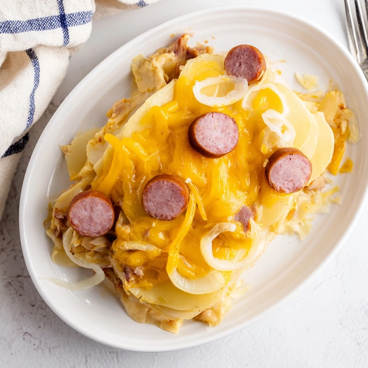 Creamy slow cooker scalloped potatoes kielbasa comfort food bubbling with rich cheese sauce