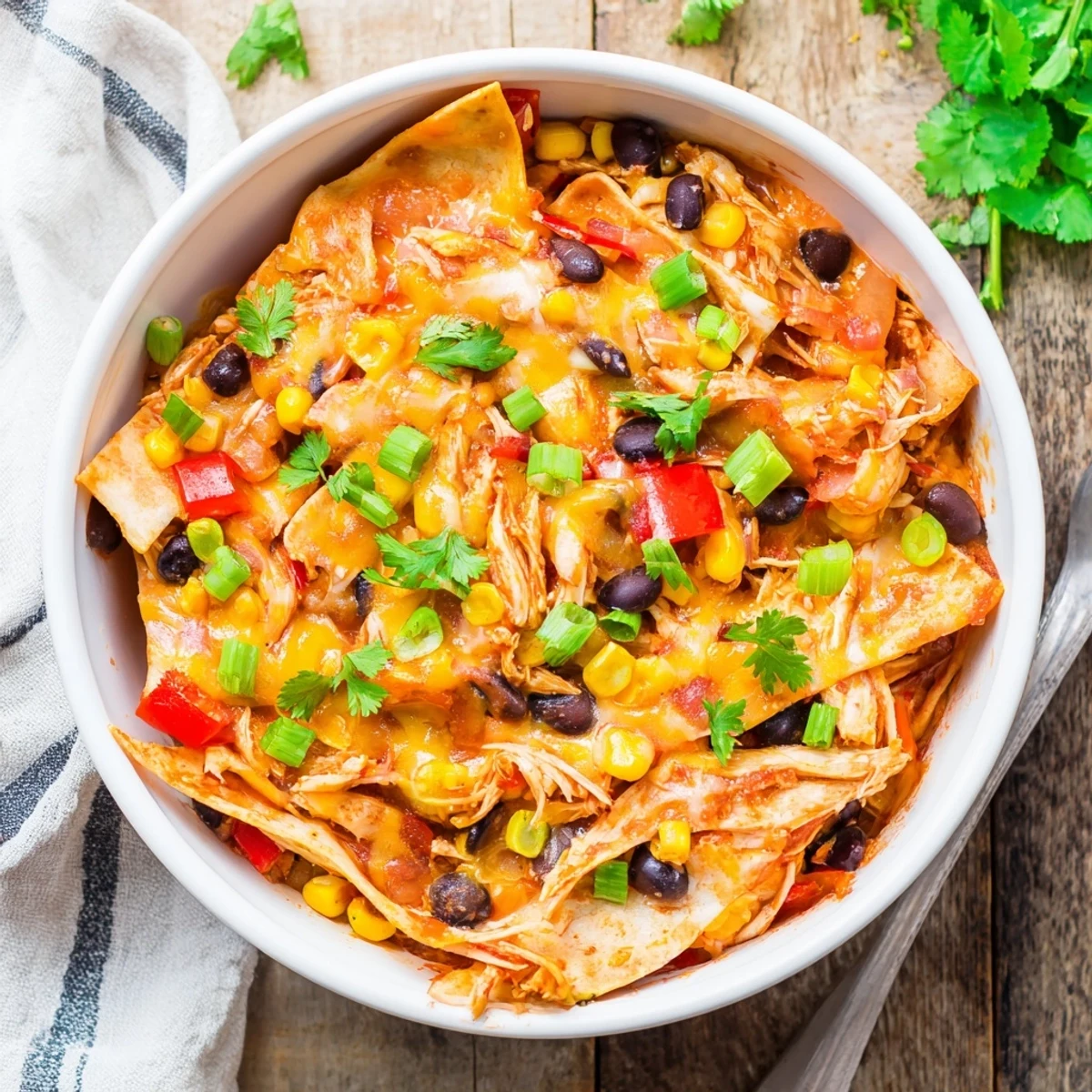 Hearty Crockpot chicken enchilada casserole topped with shredded Mexican cheese and fresh cilantro garnish