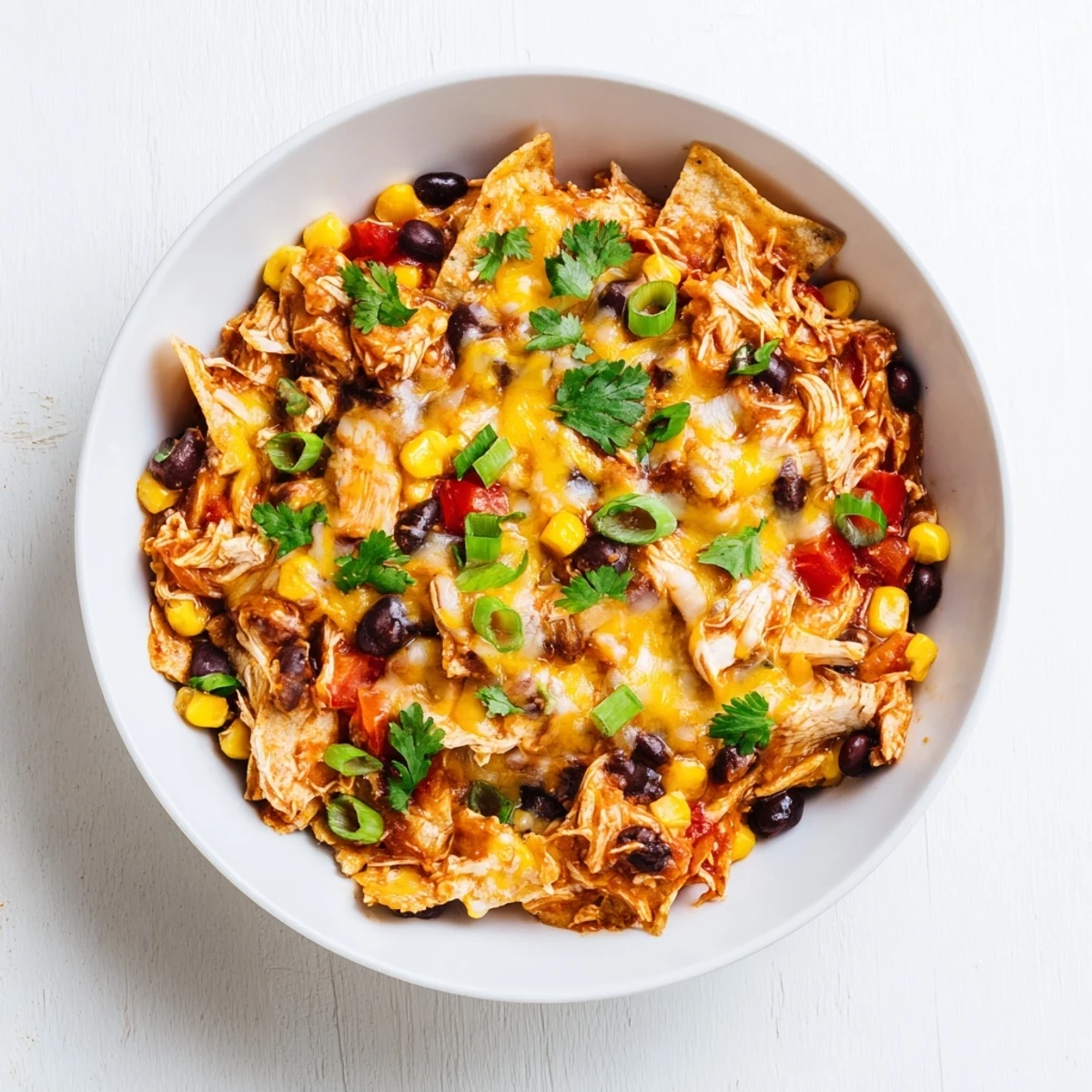 Spoonful of tender chicken enchilada casserole showcasing gooey cheese and corn tortilla layers