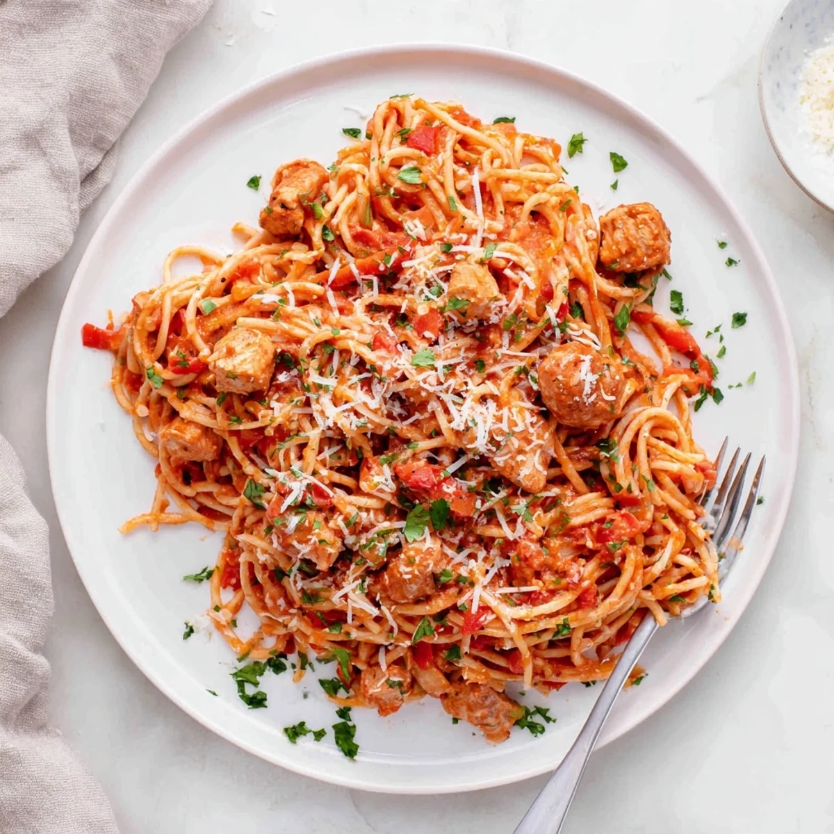 Savory Instant Pot chicken spaghetti plated with grated Parmesan and fresh parsley garnish