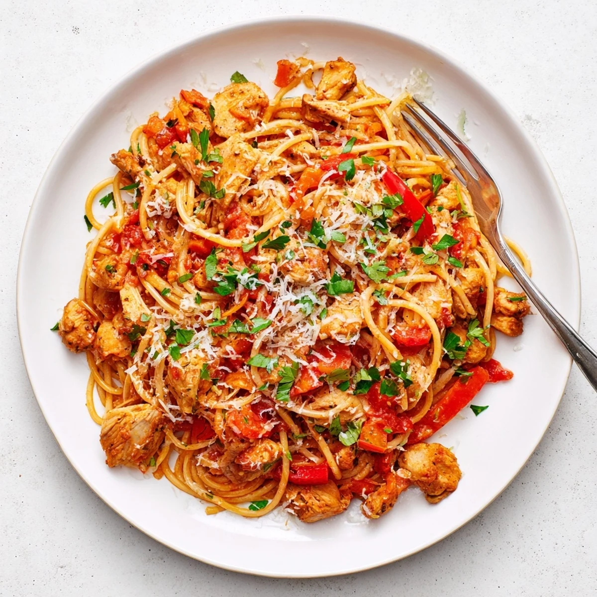 Tender chunks of chicken and spaghetti in rich tomato sauce cooked in an Instant Pot