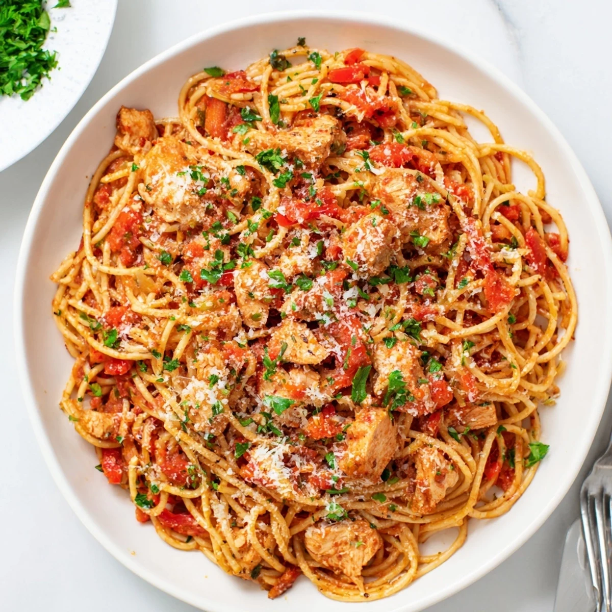Comforting one-pot chicken spaghetti dish featuring pasta coated in flavorful tomato and Parmesan sauce