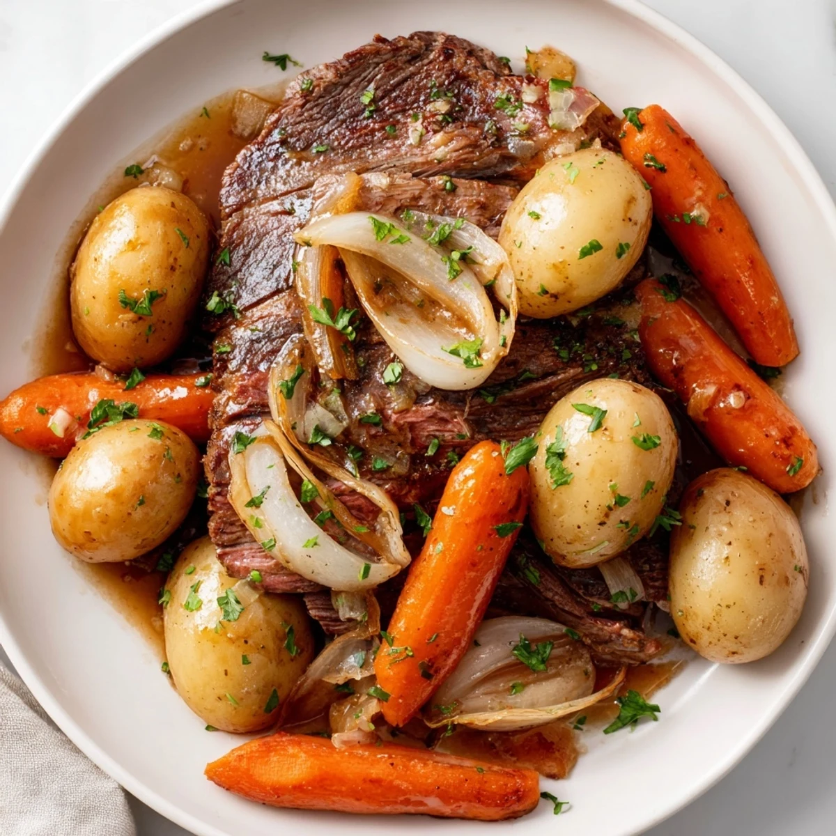 Golden brown seared beef steaks nestled beside tender baby potatoes in slow cooker steak and potatoes