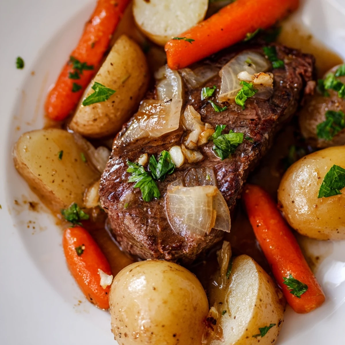 Hearty slow cooker steak and potatoes with buttery vegetables and fresh parsley garnish on white plate