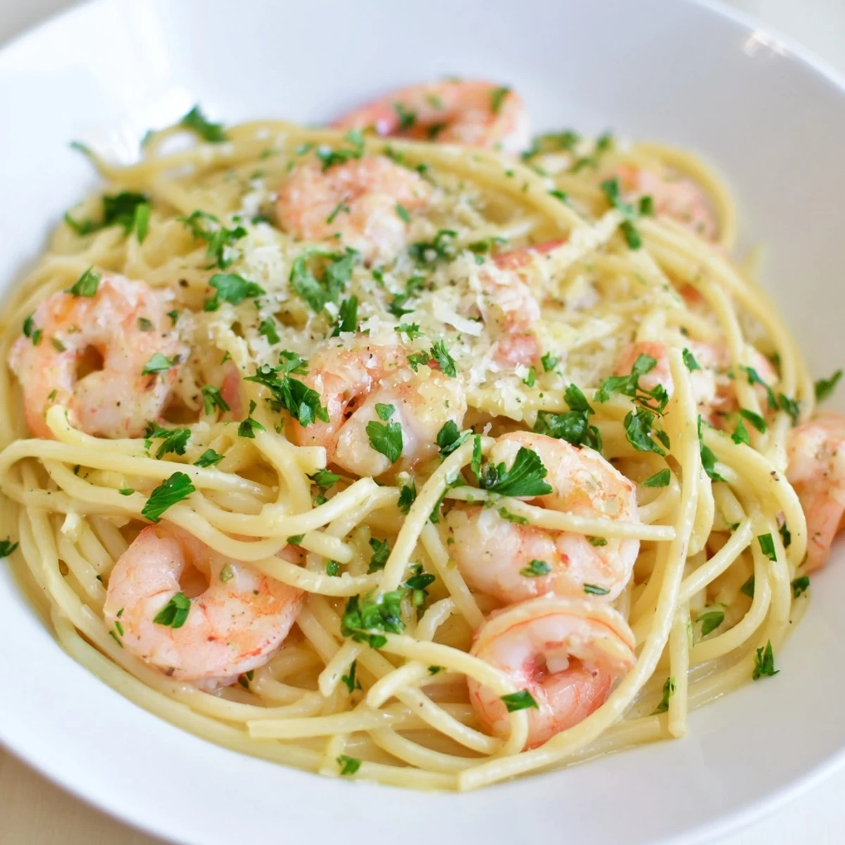 Golden shrimp scampi pasta glistening with garlic butter sauce and fresh parsley
