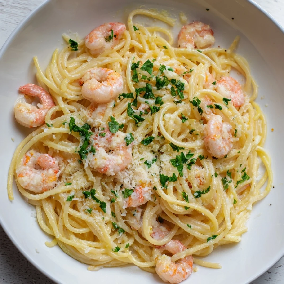Twisted spaghetti noodles tossed with tender pink shrimp in bright lemon wine sauce