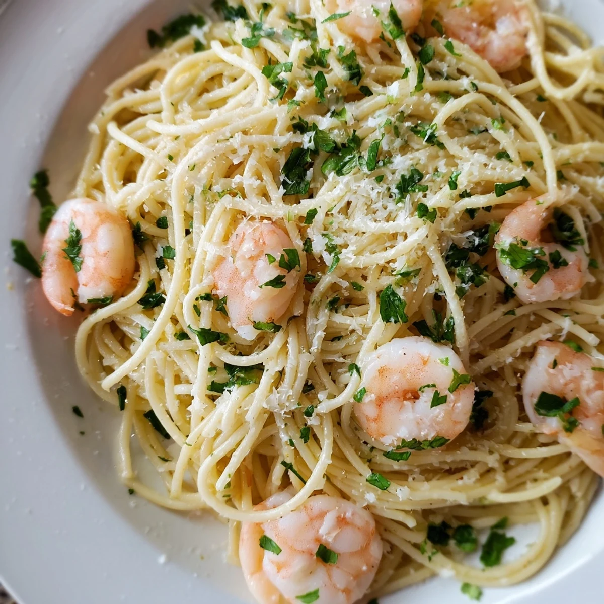 Creamy shrimp scampi pasta dish served with parmesan and lemon wedge garnish
