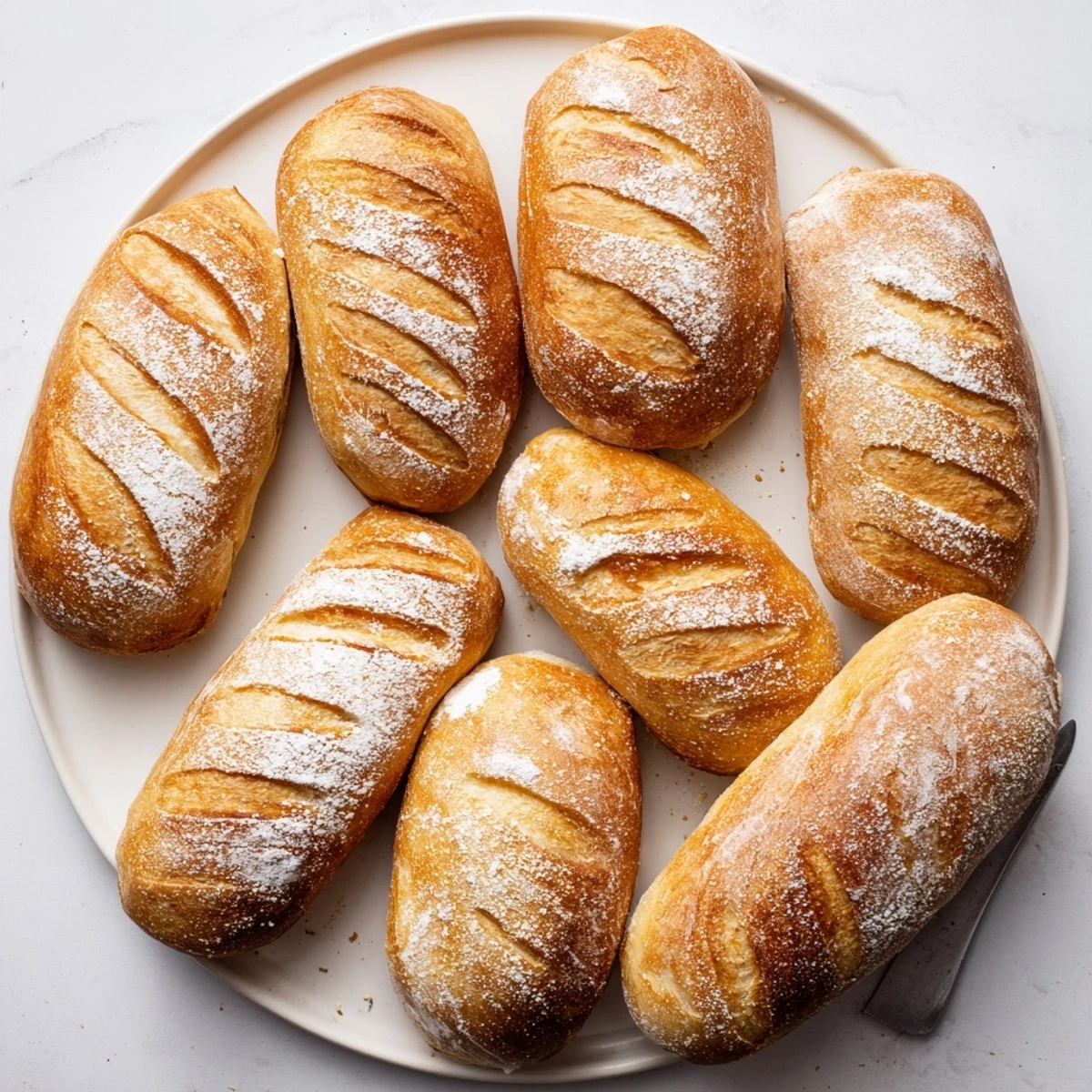 Warm crusty French bread rolls slashed with decorative patterns ready for butter spreading