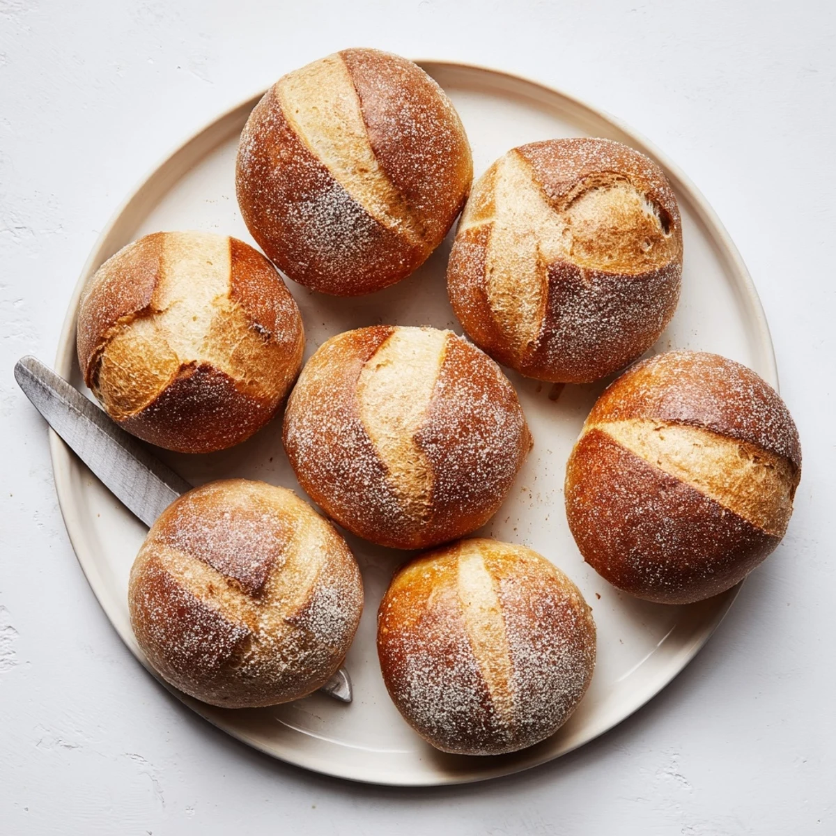 Golden brown crusty French bread rolls with flour-dusted tops arranged on wooden board