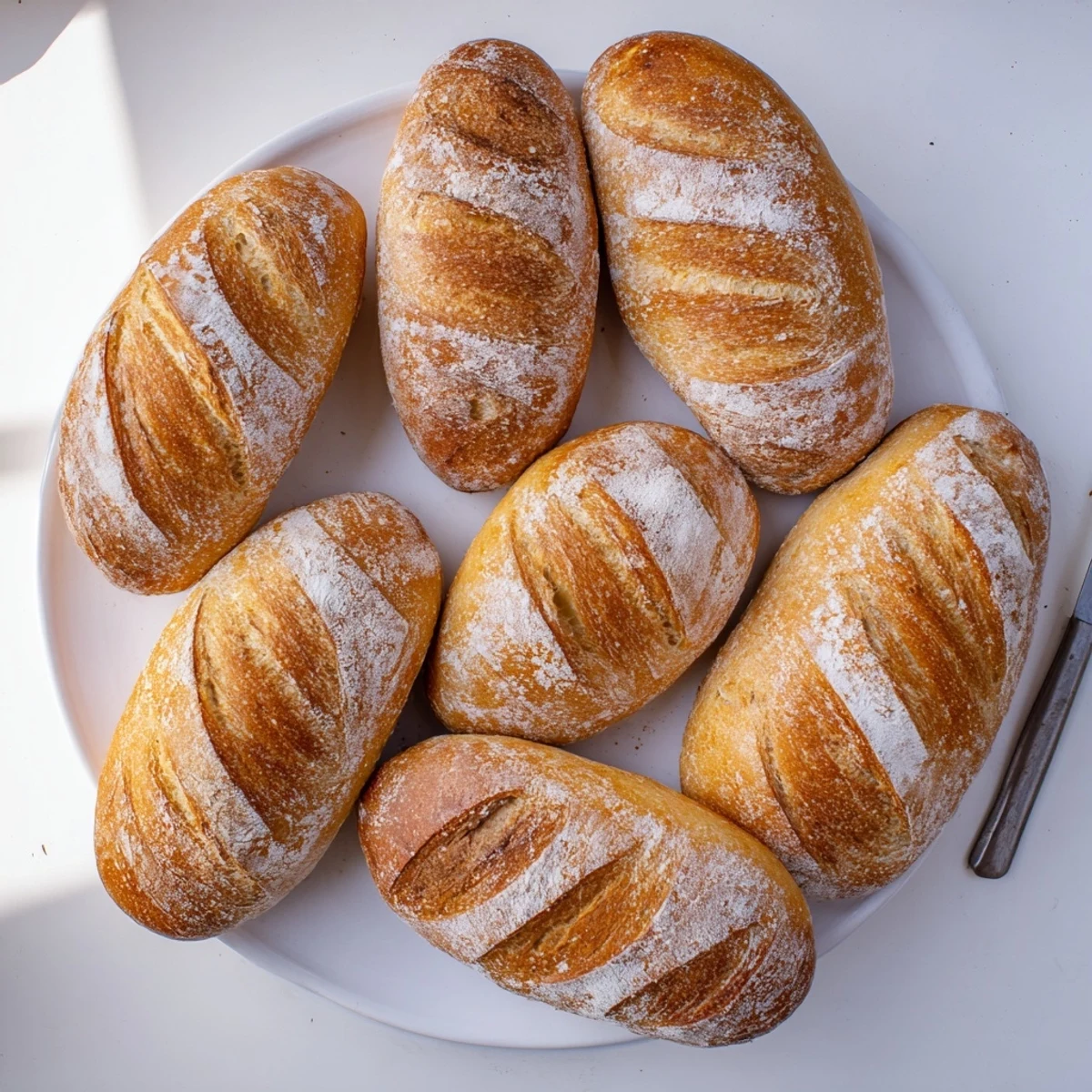Handmade crusty French bread rolls baked to golden perfection with crispy exteriors