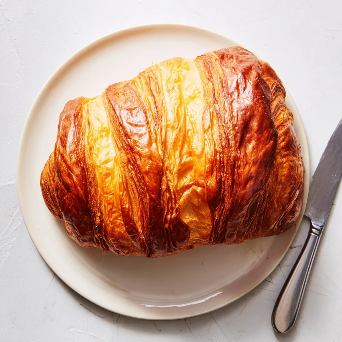 Golden homemade croissant bread loaf with flaky layers and glossy egg wash finish