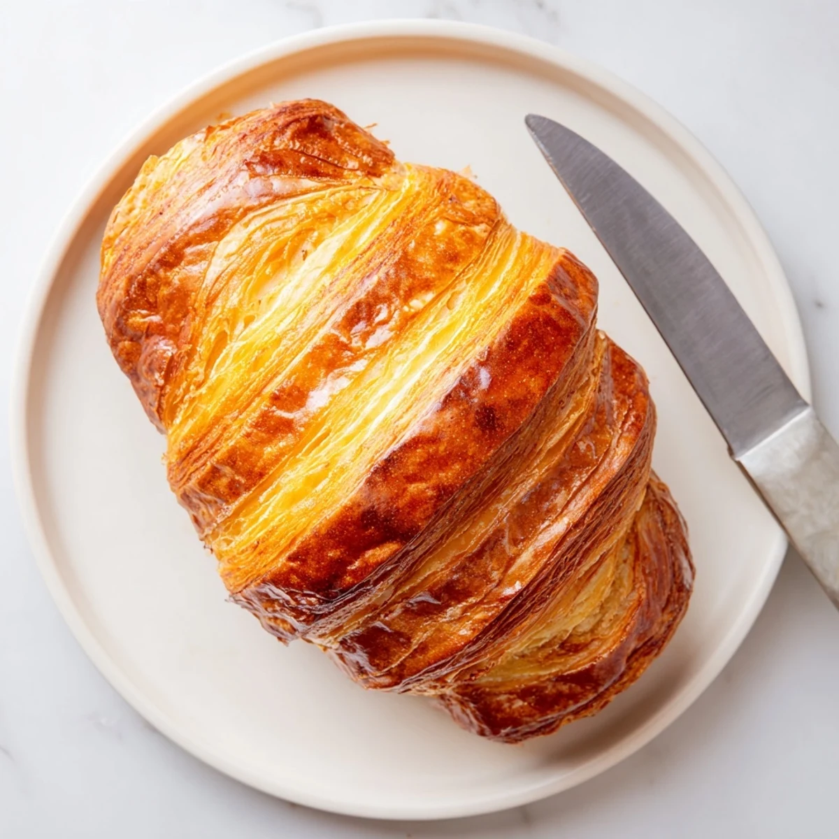 Sliced homemade croissant bread revealing buttery laminated layers on a wooden board