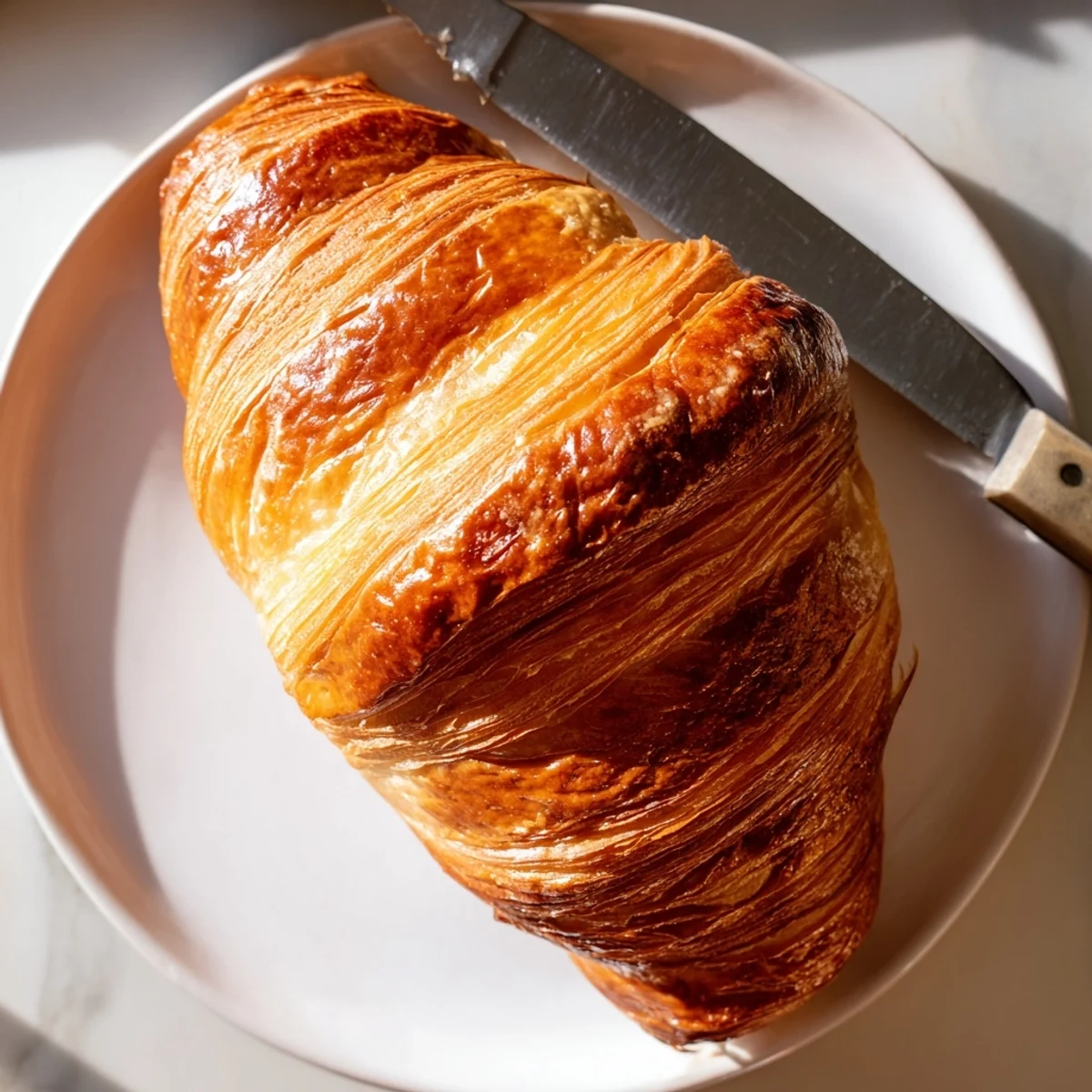 Warm homemade croissant bread fresh from the oven with tender honeycomb texture